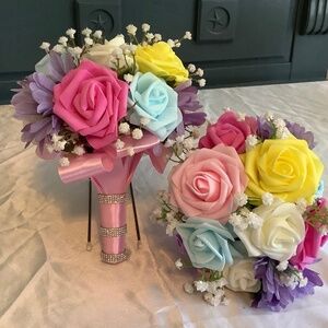 Set of 2 multi color rose and baby’s breath wedding bouquets